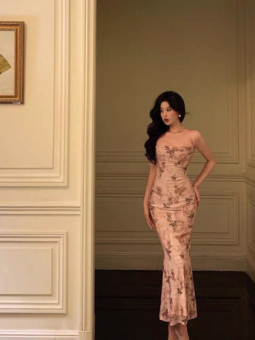 Sheath Spaghetti Straps Floral Pink Prom Dresses Birthday Outfits Evening Gown SD949